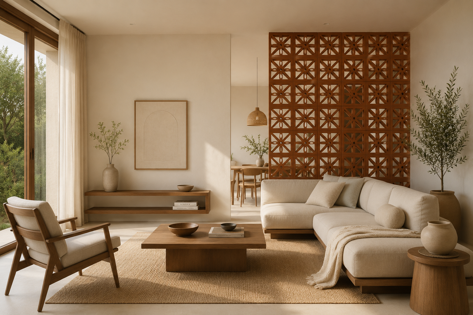Minimalist living room with neutral-toned furniture, wooden accents, large windows, and a decorative terracotta jali partition creating a warm, earthy aesthetic.