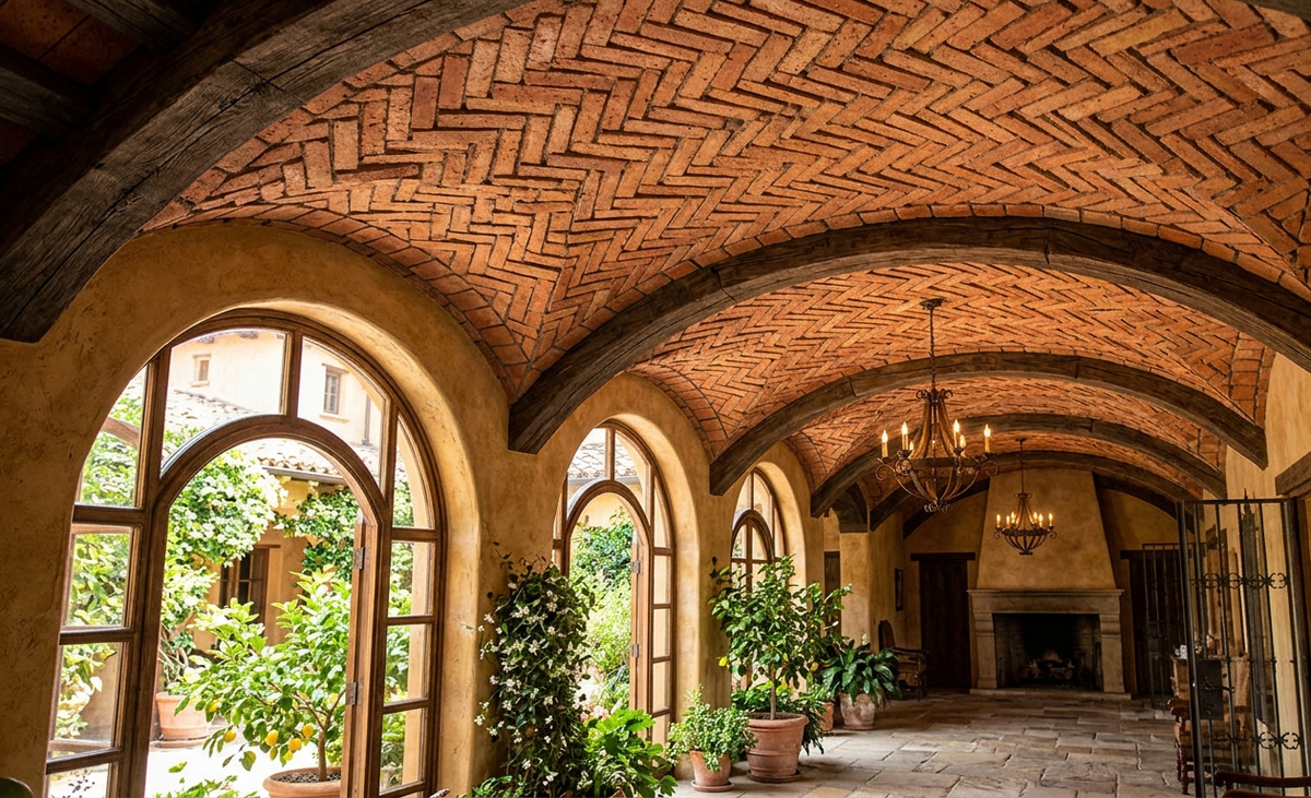 Exposed clay brick ceiling with arched doorways