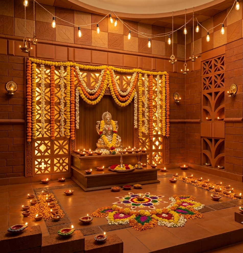 Decorated home pooja room with terracotta wall cladding